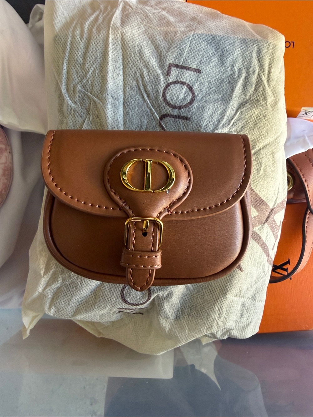 CD-Inspired Mini Brown Leather Crossbody Bag with Gold Hardware